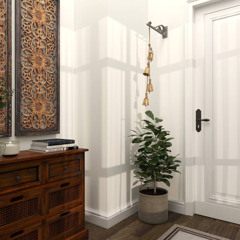 Gold or Red Metal Handmade Tibetan Inspired Decorative Cow Bell with Jute Hanging Rope