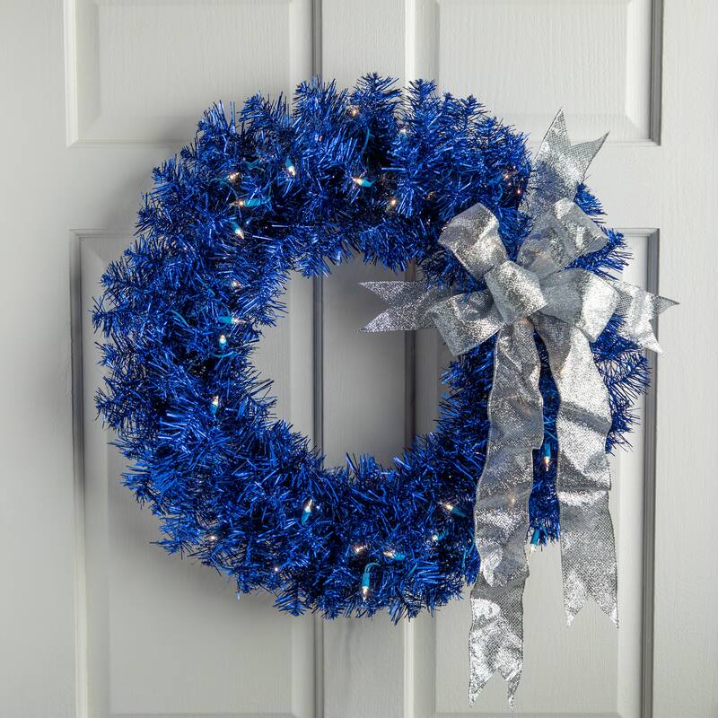 Pre-Lit Artificial Tinsel Christmas Wreath - 24" - Blue - Clear Lights