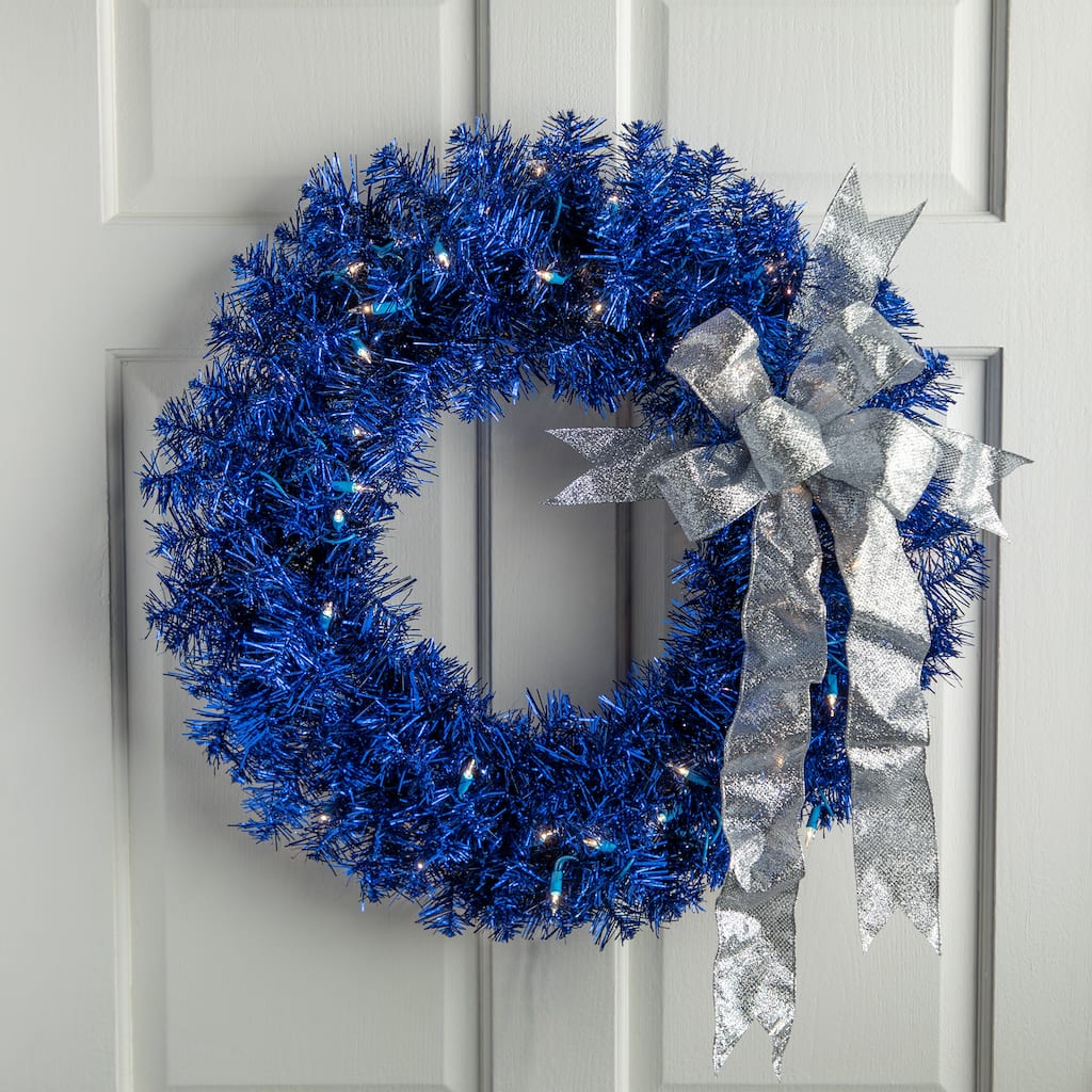 Pre-Lit Artificial Tinsel Christmas Wreath - 24" - Blue - Clear Lights