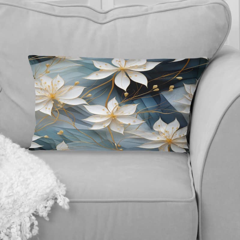 Designart "White And Teal Marble Flowers Serenity" Marble Printed Throw Pillow - 12 x 20