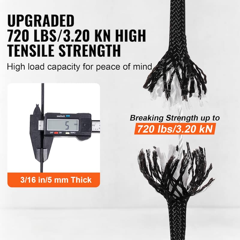 Braided Nylon Cord, 3/16 inch by 250 feet, 32-Strand Design, 720 LBS Tensile Strength, Multi-Purpose Black Rope - 250 ft