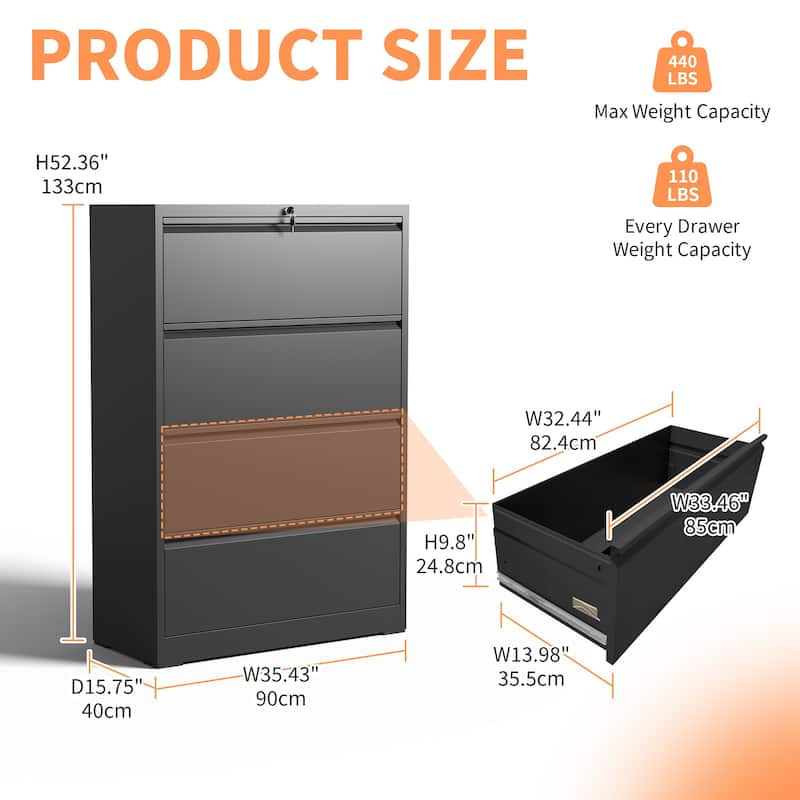 Lateral File Cabinet 4 Drawer, Black Filing Cabinet with Lock, Lockable File Cabinet, Locking Metal File Cabinet