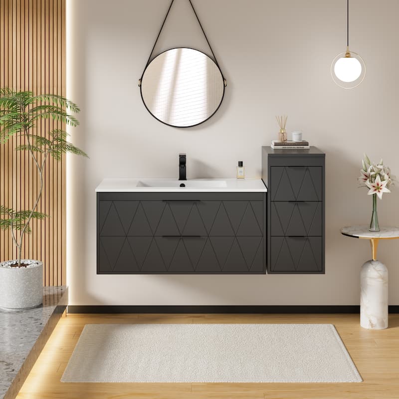Bathroom Vanity Sink Combo Wall Mounted Cabinet Vanity Set with Side Cabinet - Black - 36 in