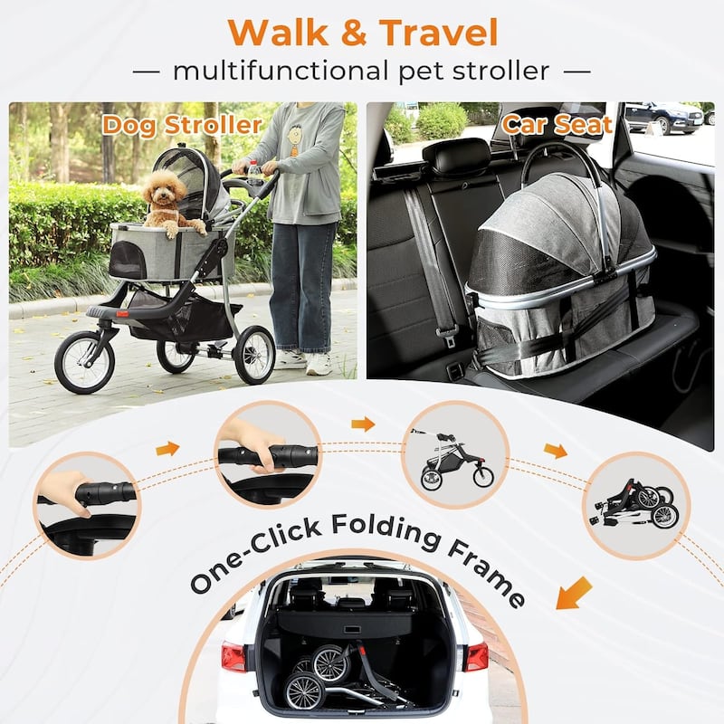 3 in1 Folding Dog/Cat Stroller for Medium Small Pets