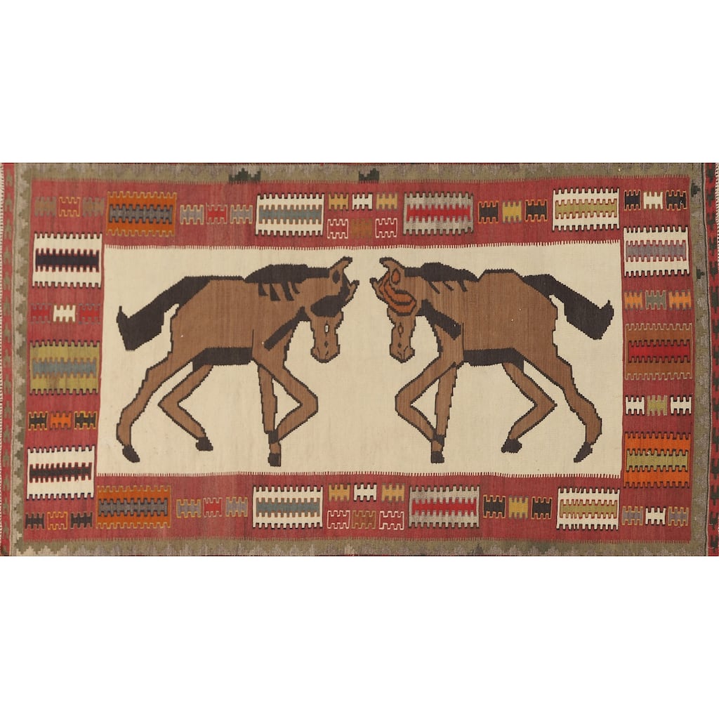 Ivory / Beige Kilim Qashqai Persian Vintage Rug Flatweave Wool Carpet - 3'7" x 6'6"