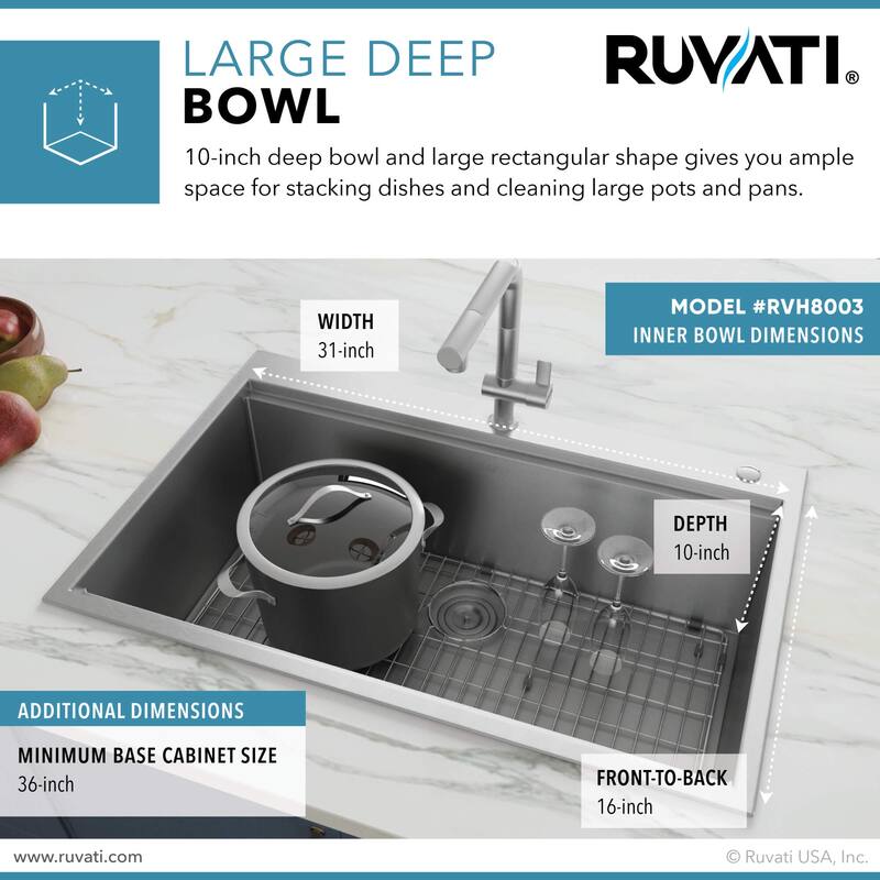 Ruvati 33 x 22 inch Workstation Ledge Drop-in Topmount Kitchen Sink 16 Gauge Stainless Steel Single Bowl - RVH8003 - 33" x 22"