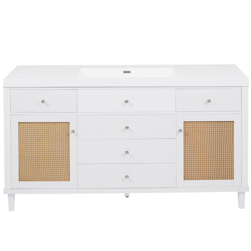 60" Bathroom Vanity with SMC Sink Bathroom Storage Cabinet with 5 Soft Close Drawers and Rattan Doors