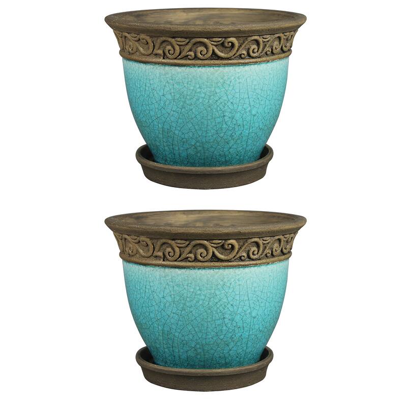 Southern Patio Cadiz 8" Crackled Ceramic Planter Pot w/Saucer, Teal (2 Pack) - 8.16