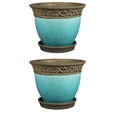 Southern Patio Cadiz 8" Crackled Ceramic Planter Pot w/Saucer, Teal (2 Pack) - 8.16