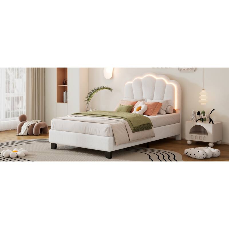 Twin Upholstered Bed with Flower-Inspired Headboard, Adjustable LED Lighting and Sherpa Fabric