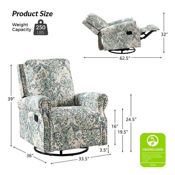 dimension image slide 10 of 13, Roderich Farmhouse Floral Print Swivel Rocker Recliner with Rolled Arms by HULALA HOME