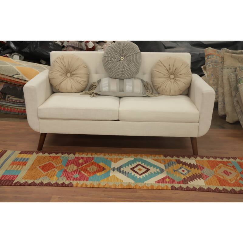Hand Woven Oriental 100% Wool Carpet Southwestern Tribal Multi-Colored Kilim Runner Rug - 8' 2'' X 2' 0''