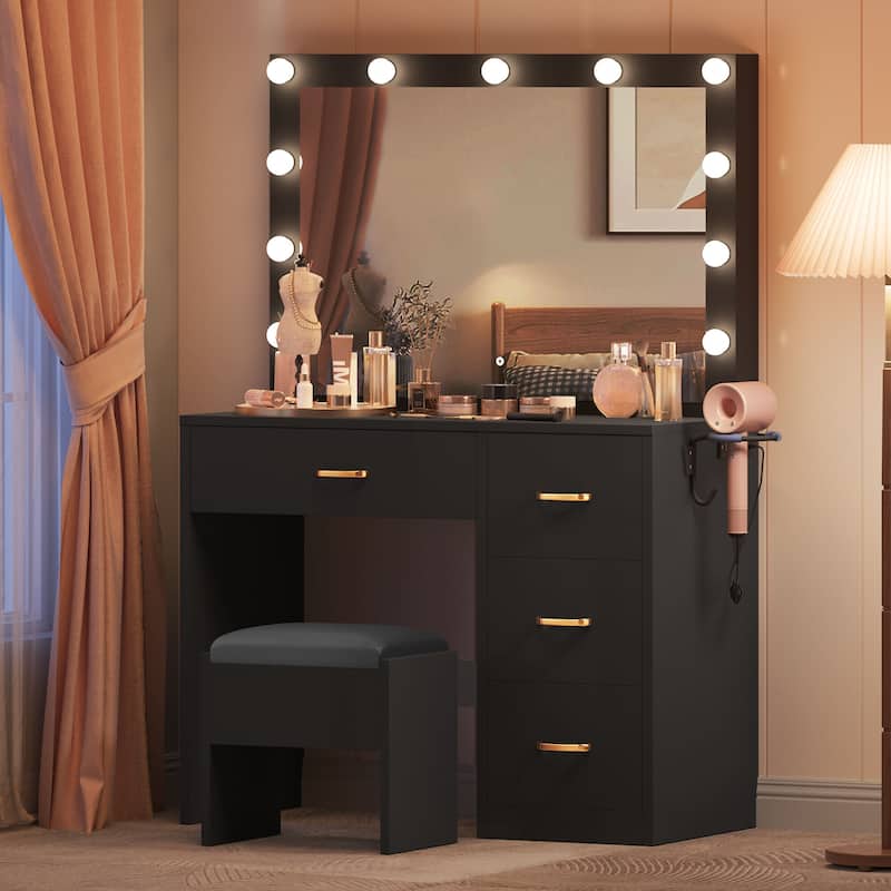 Black Vanity Desk Makeup Table Lighted Mirror Dressing - 35.4"L x 15.7"W x 53.5"H