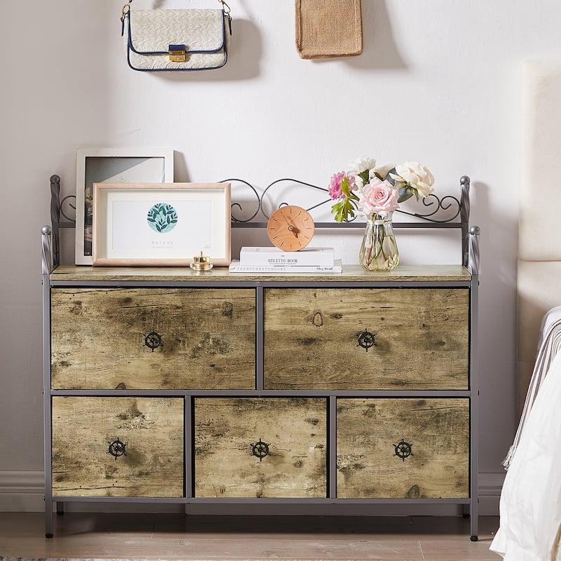 Wide Dresser / TV Stand With Space-saving 5 Drawers Dresser By Bedroom,Brown Grey - Grey