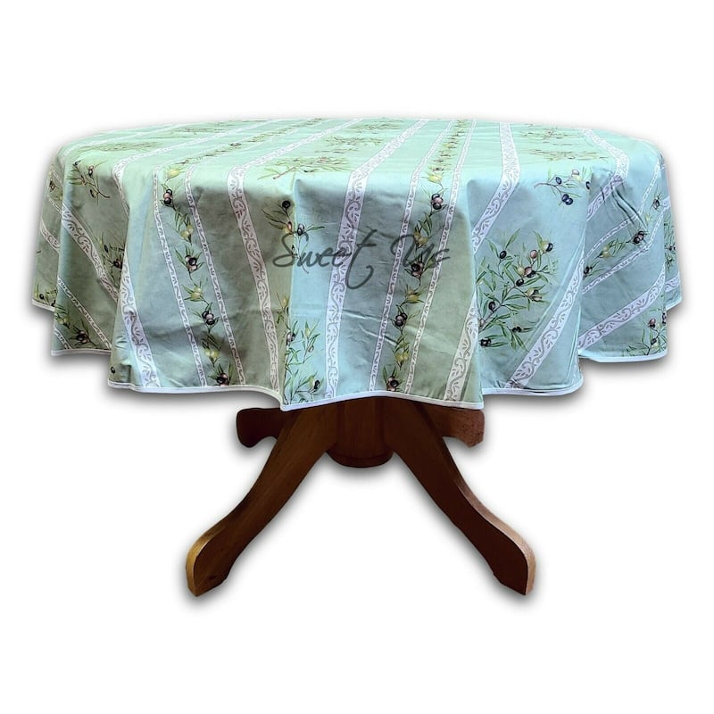 Wipeable Spill Resistant Provencal Cotton Cannes Collection Tablecloth - 60-in Round - Green Olive Stripes