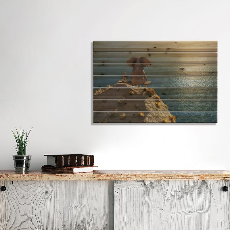 Elephant And Dog Rest On A Crag Near The Sea Print On Wood by Mike Kiev - Multi-Color