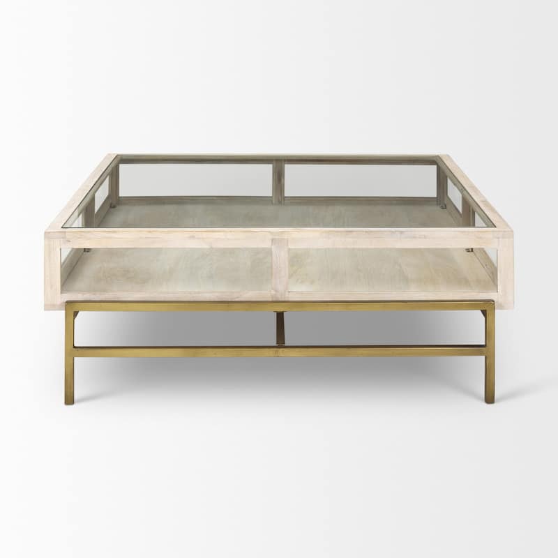 HomeRoots 44" Off White Clear And Gold Solid Wood Glass And Iron Storage Coffee Table - 43.5' X '15' X '43.5