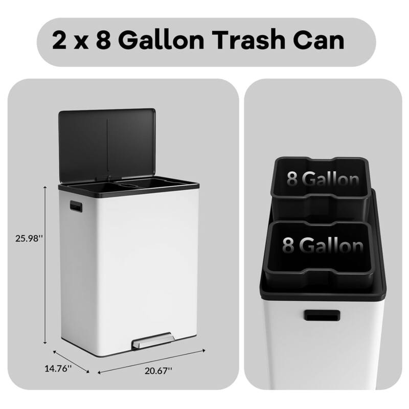 2x8 Gal Dual Compartment Step Trash Can for Kitchen Home Office