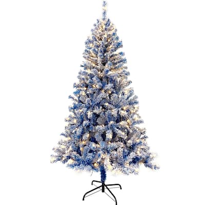 Lordear 6FT Pre-Lit Hinged Artificial Fir Chritmas Tree Xmas Tree Snow Flocked with Lights