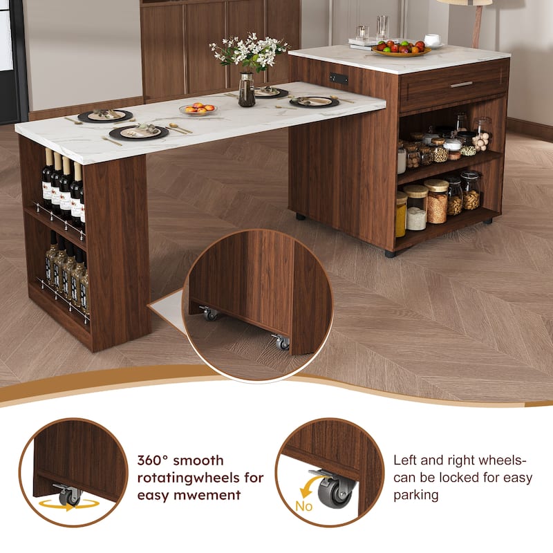 80" Expandable Kitchen Island with Dining Table with Marble-Grain Countertop with Power Outlet