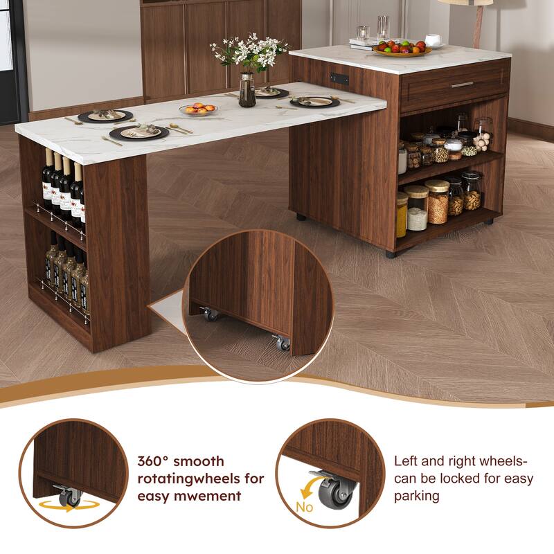 80-Inch Expandable Mobile Kitchen Island with Dining Table, Marble-Grain Top & Power Outlet