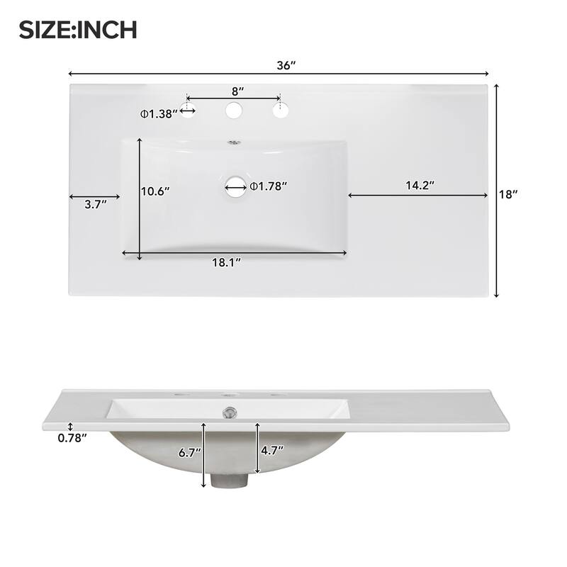 36" Gray Bathroom Vanity with Ceramic Sink Combo, Abundant Storage Cabinet -2 Soft close doors and 5 drawers