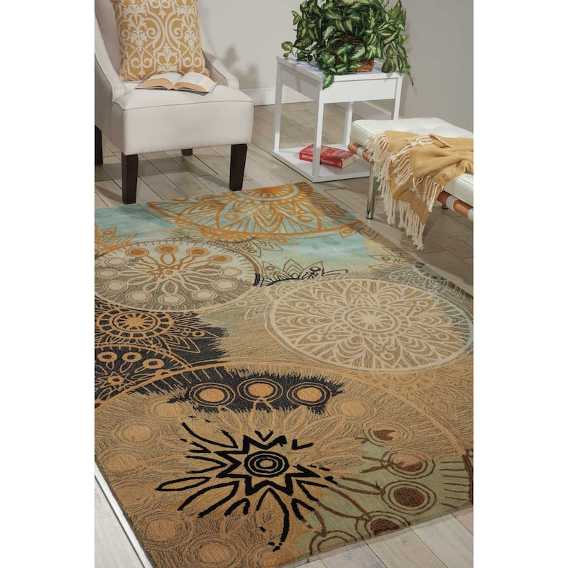 Nourison Contour Contemporary Gold Multicolor Abstract Floral Medallions Area Rug
