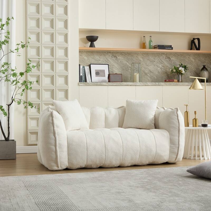 66-Inch Chenille Upholstered Loveseat with Pillows - White