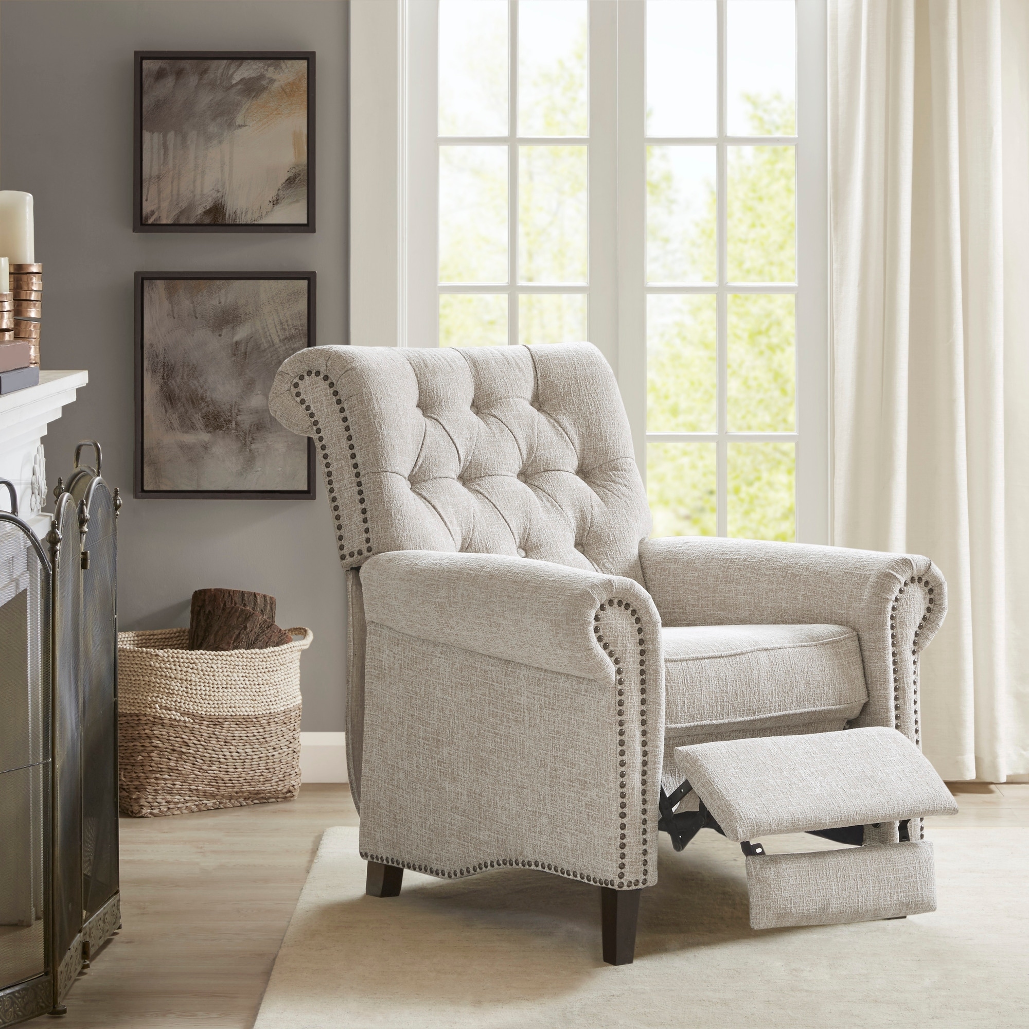 Madison Park Aidan Upholstered Manual Push Back Recliner Chair with Nailheads