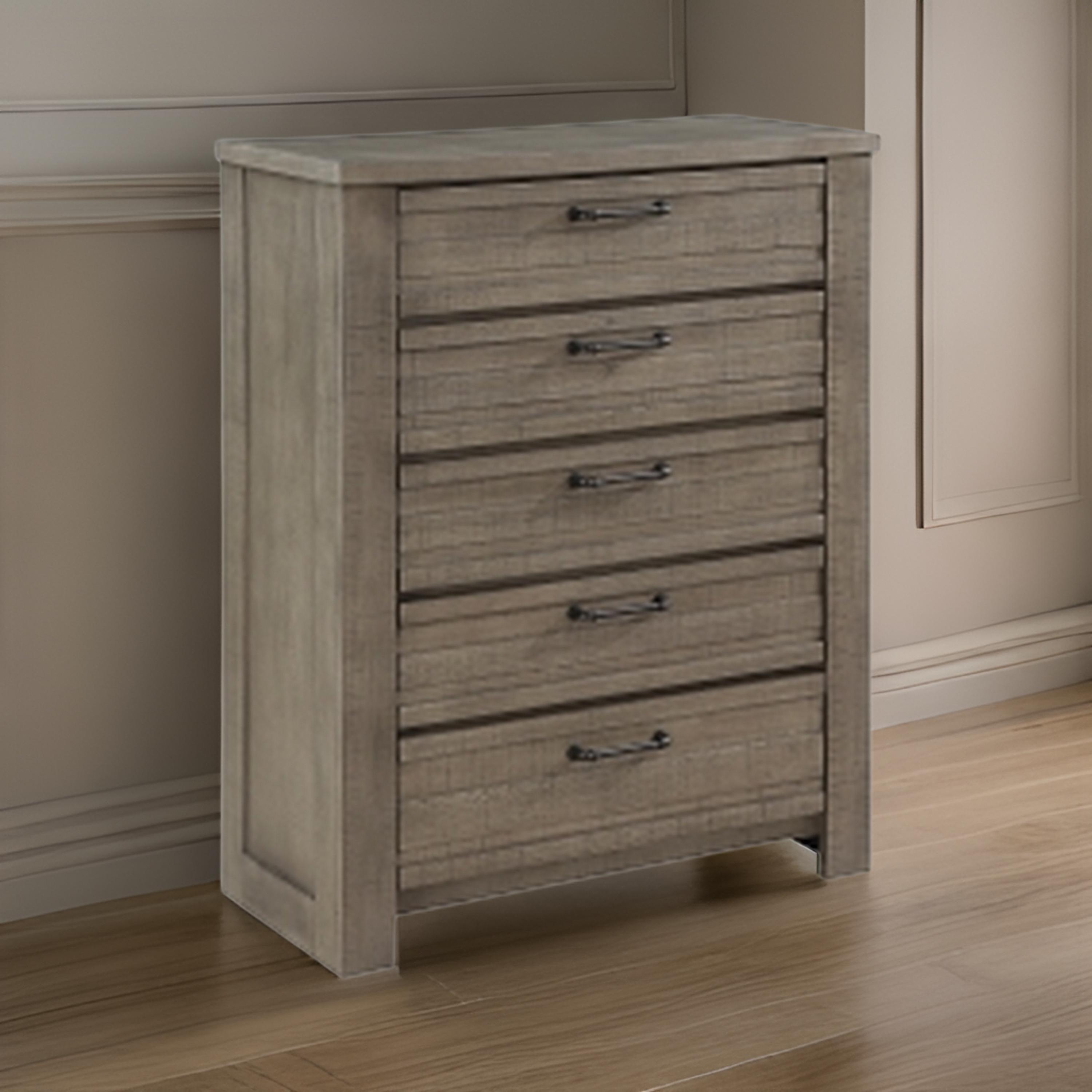 Niti 51 Inch Tall Dresser Chest, 5 Drawers, Black Handles, Plank Style Gray Niti 51 Inch Tall Dresser Chest, 5 Drawers, Black Handles, Plank Style Gray