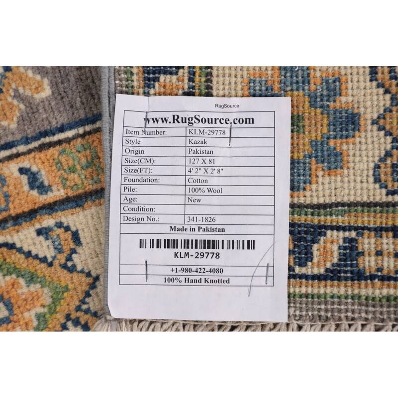 Gray Geometric Kazak Accent Rug Handmade Wool Carpet - 2'8" x 4'2"