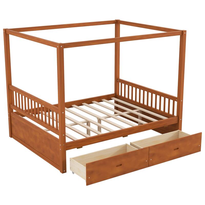 Roomfitters Queen/King Wooden Canopy Bed with 2 Storage Drawers, Solid Wood Frame, Walnut