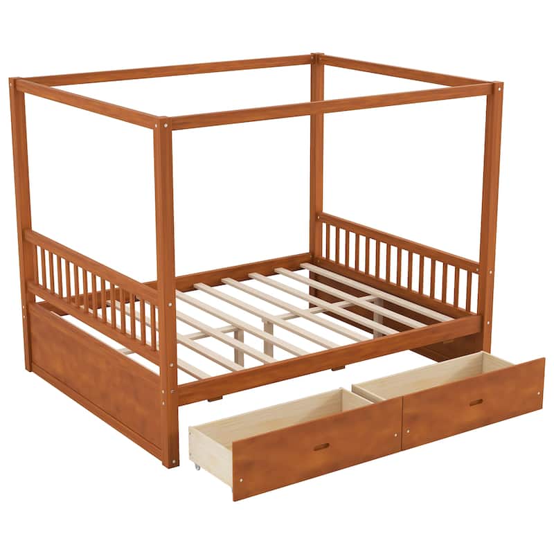 Wooden Canopy Bed Frame with Storage Drawers, Modern Poster Bed, Available in Queen or King