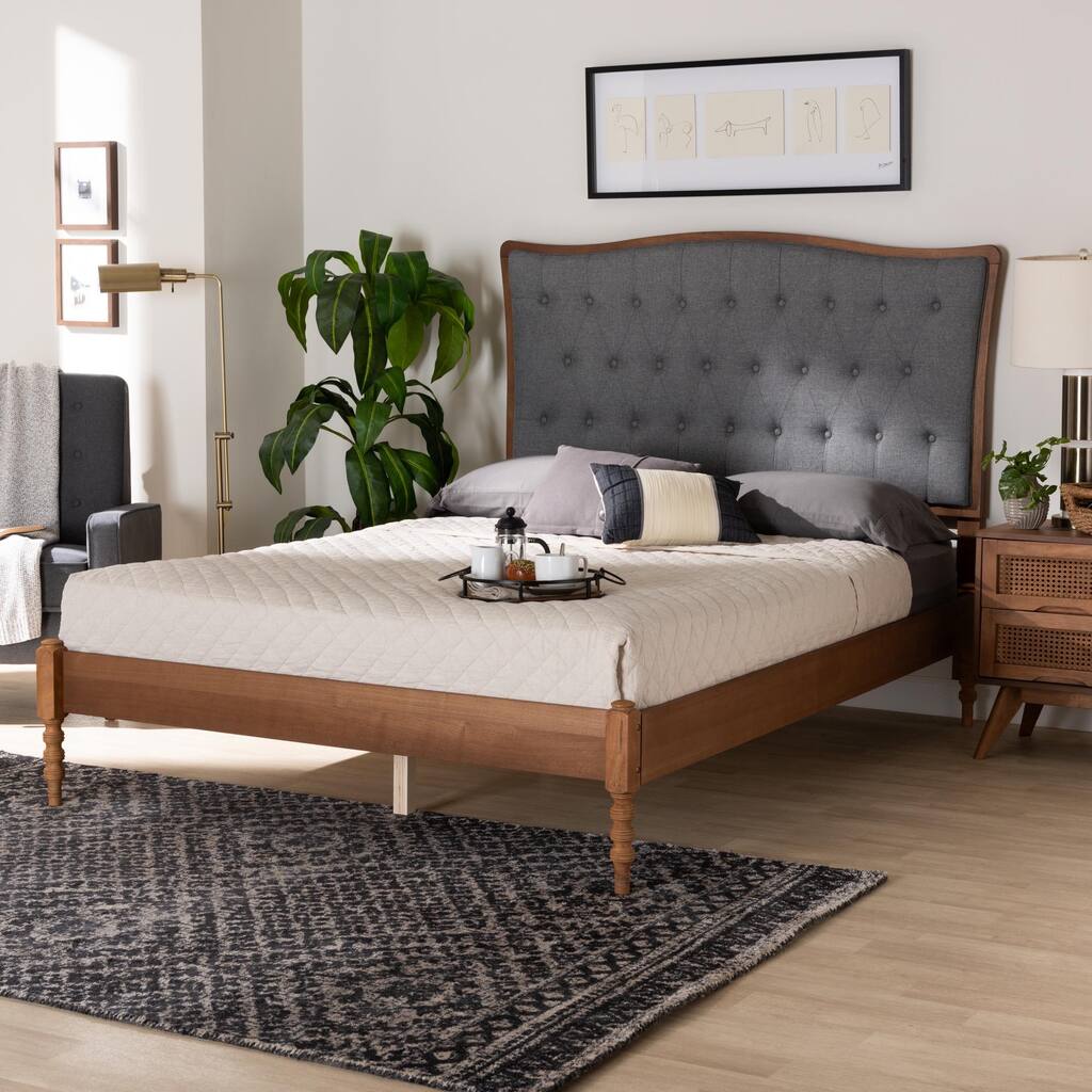 Randalin Classic and Traditional Grey Fabric and Walnut Brown Finished Wood Platform Bed