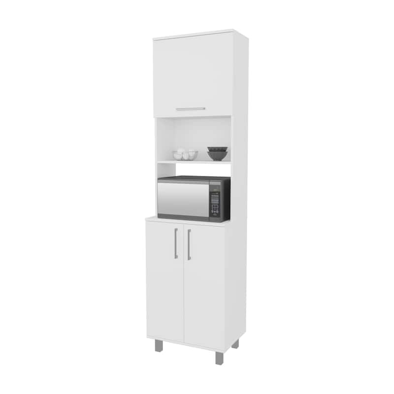 Kayenta Kitchen Pantry with 2 Pneumatic Door, Open Storage, and Bottom Cabinet, White.