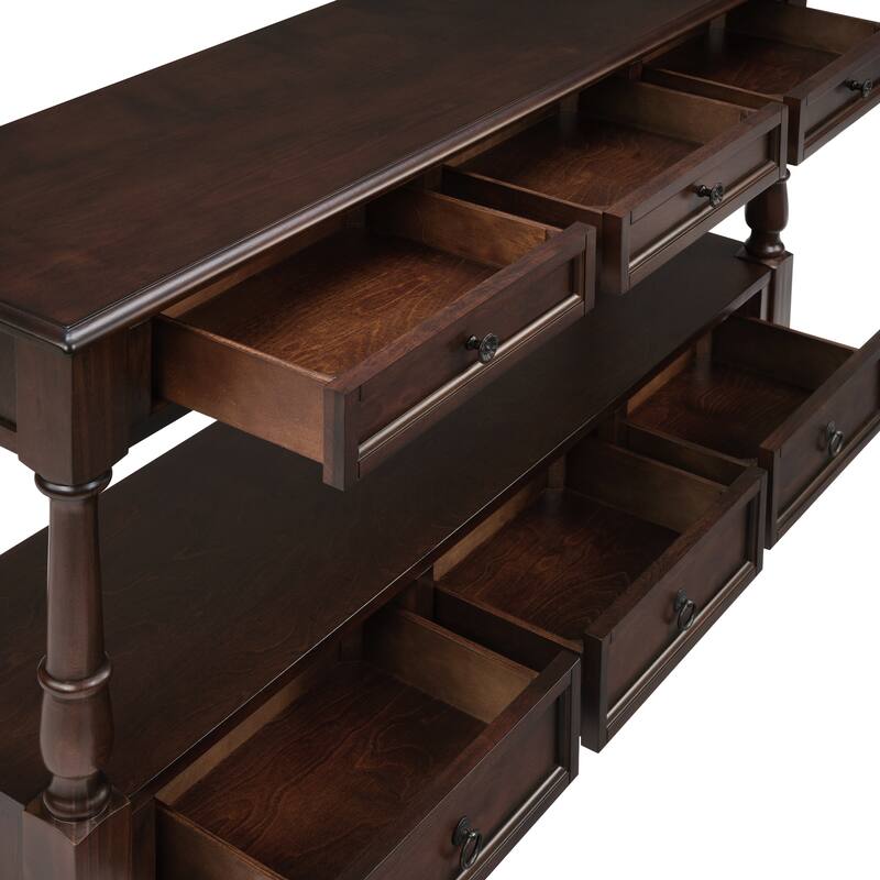 Vintage 54" Solid Wood Console Table with 6 Drawers and Shelf