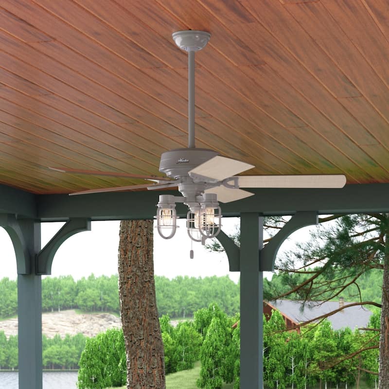 Hunter 52" Starklake Outdoor Ceiling Fan with LED Light Kit, Pull Chain, Damp Rated, Industrial, Farmhouse, Rustic - Quartz Grey