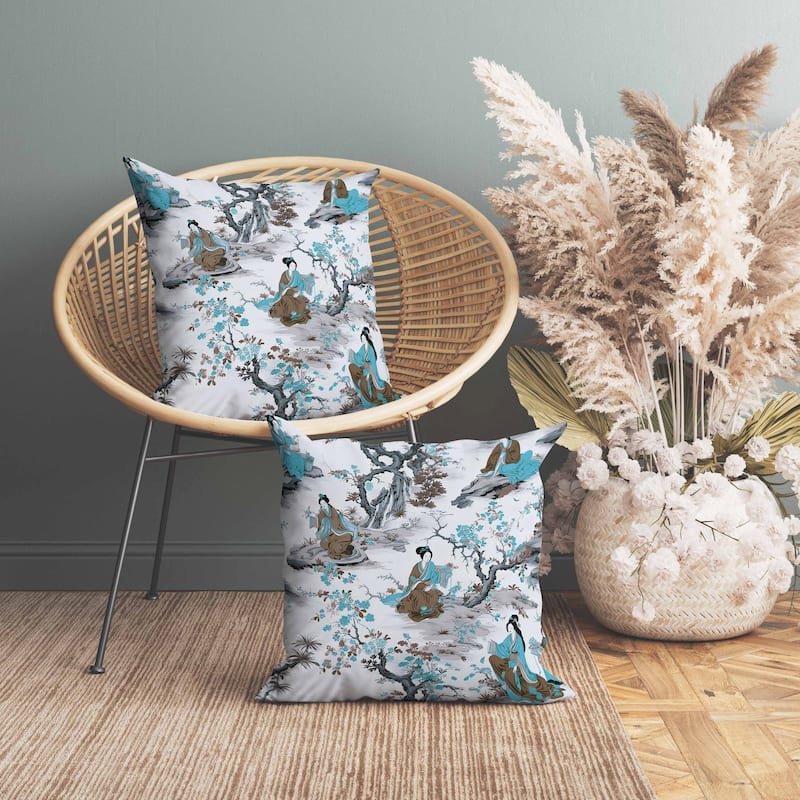 Imperial Palace Garden Indoor/Outdoor Reversible Throw Pillow Grey and Turquoise