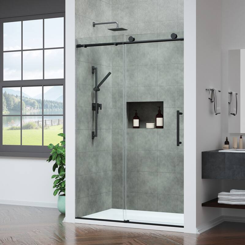 Mountain 48-inch Reversible Frameless Sliding Glass Shower Door with Soft-Close System