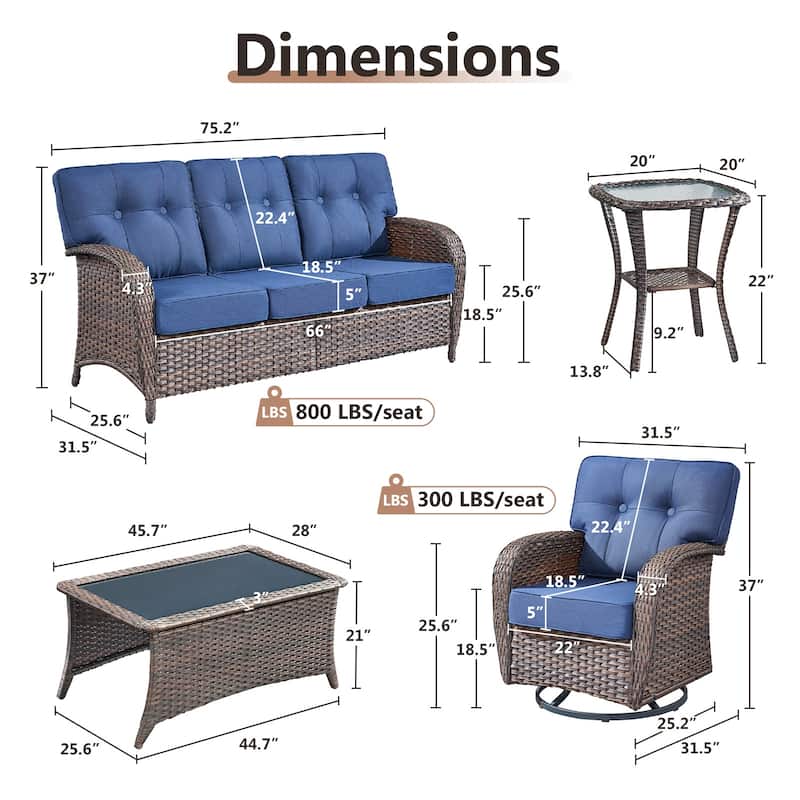 TWrap 5-Piece Patio Brown Wicker Sofa Conversation Set with 5-Inch Thick Cushions