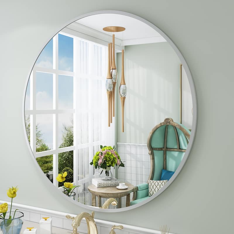 Round Wall Mirror Aluminum Alloy Framed Bathroom Vanity Mirror - 32 Inch - Silver