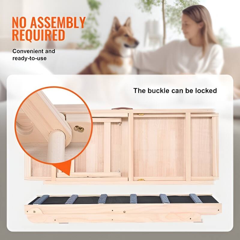 Natural-Black Wood Dog Ramp with 6-Level Adjustable Height - 41.33” L x 15.7” W x 25.59” H
