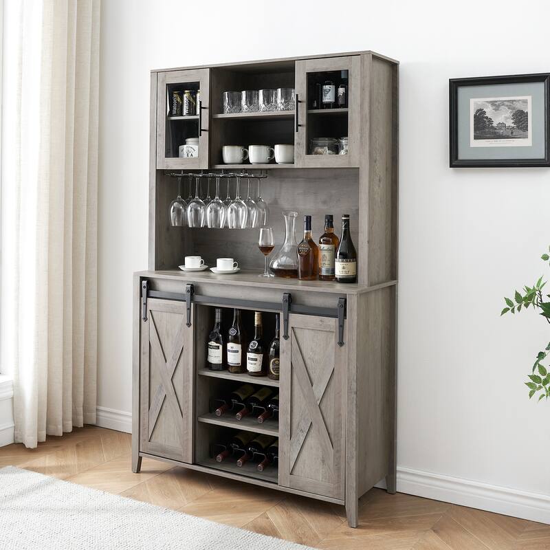 Tall Farmhouse Bar Cabinet with Sliding Barn Door Coffee Bar Sideboard Table