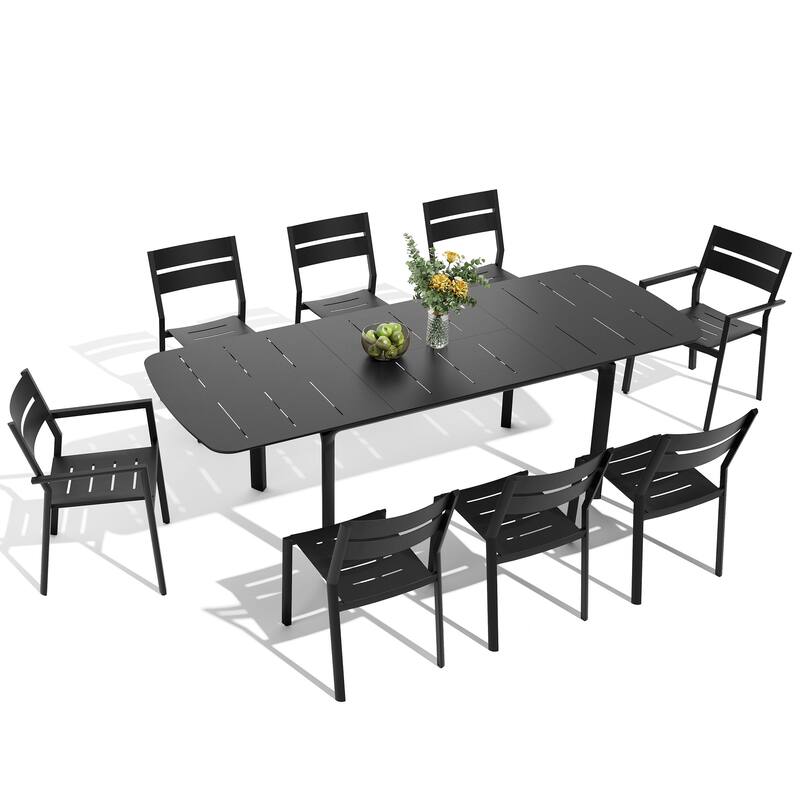 9-Piece Outdoor Patio Dining Table Set Rectangular Expandable Table with Stackable Chairs - Black
