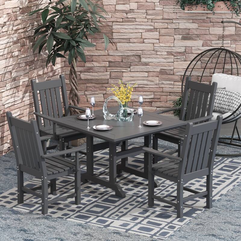 Laguna Hdpe All Weather Outdoor Patio Dining Set with Square Table, Arm Chairs (5-Piece Set) - Gray