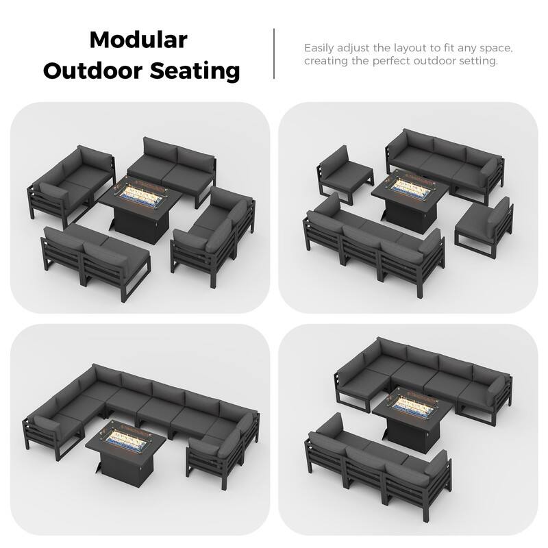 9-Piece Aluminum Outdoor Furniture Set With Fire Pit Table Propane/Natural Gas 60,000 BTU, Extra Large Aluminum Patio Sectional