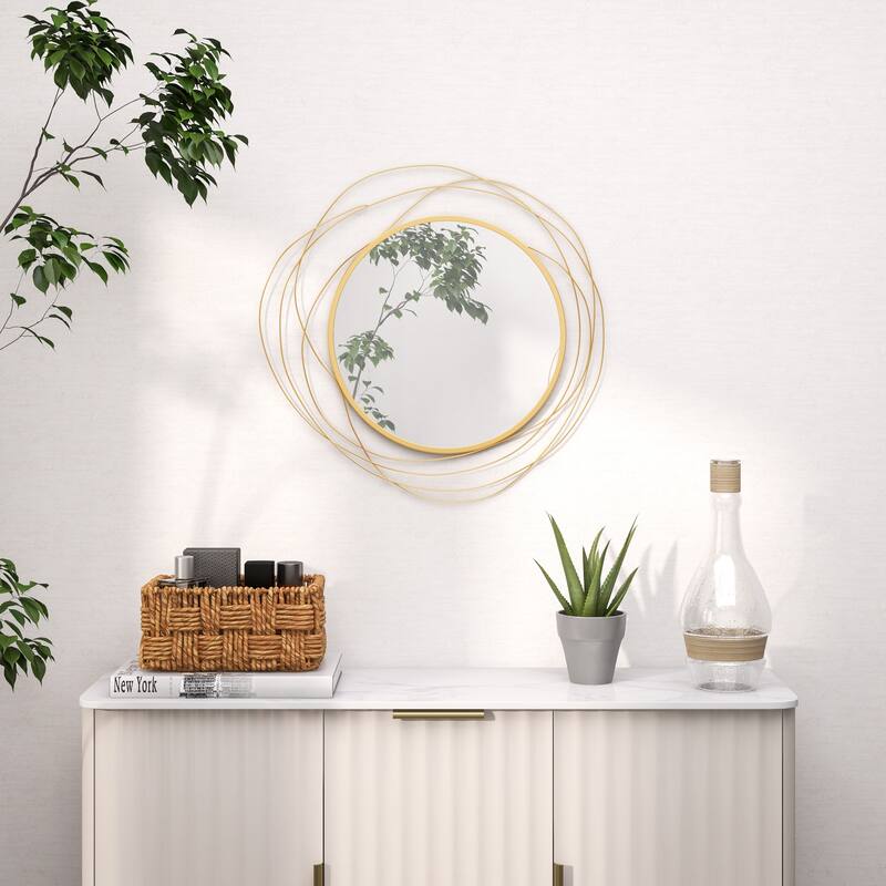 Metal Round Wall Mirror with Thick Glass and Hooks - 25.6" Dia. x 0.4" D - Gold