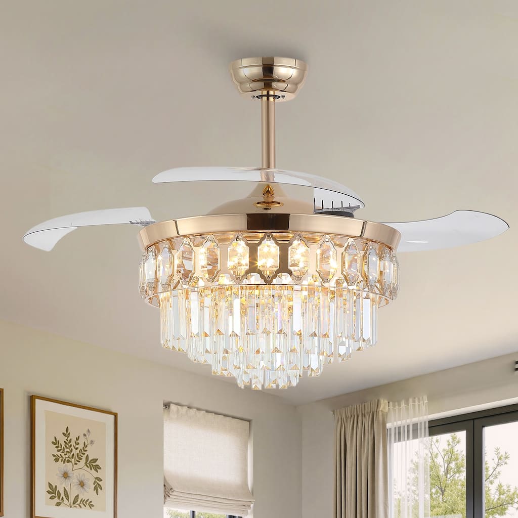 Kviflon 48" Crystal Fandelier Ceiling Fan with Light and Remote,Retractable Blades LED Dimmable for Bedroom Living Room