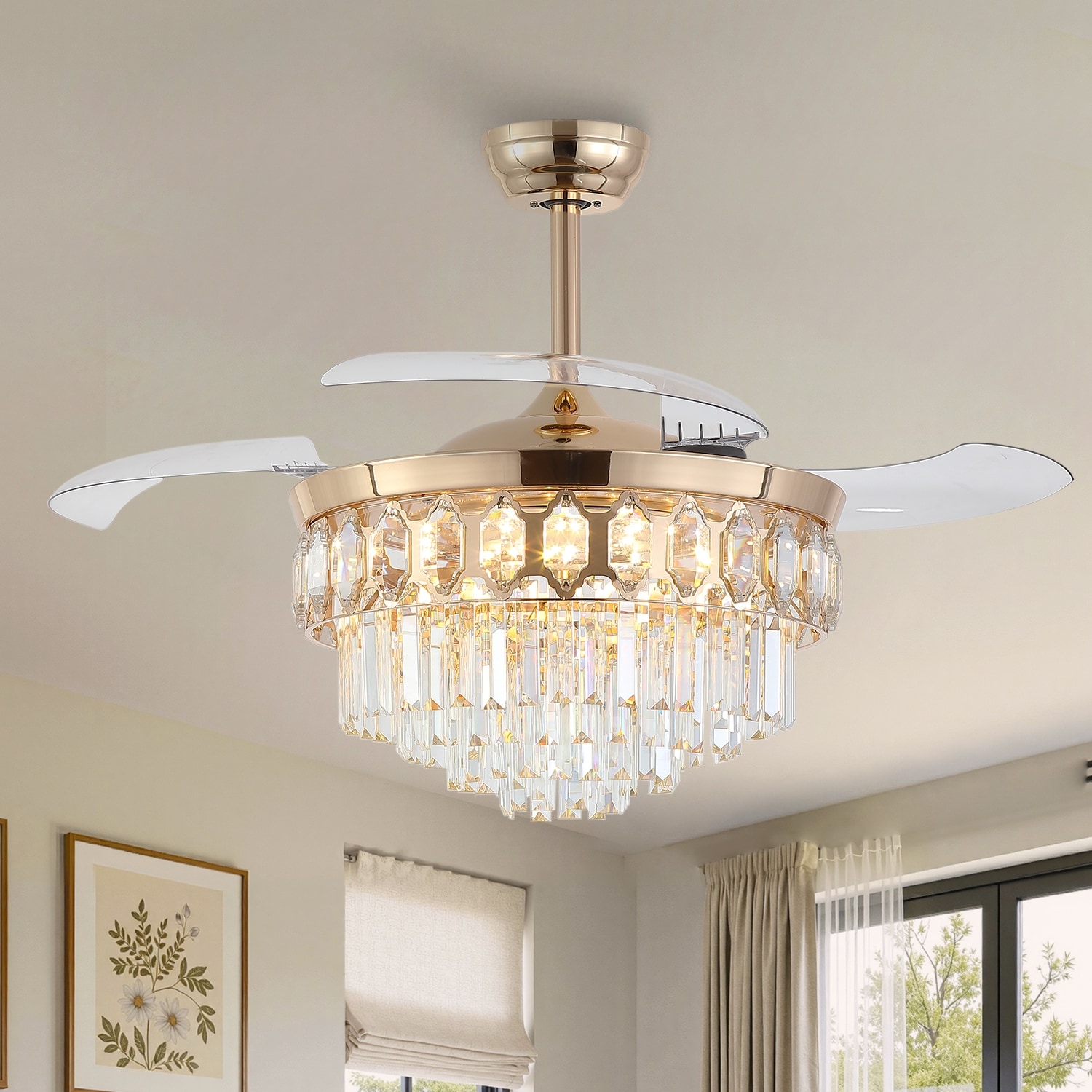 Kviflon 48" Crystal Fandelier Ceiling Fan with Light and Remote,Retractable Blades LED Dimmable for Bedroom Living Room