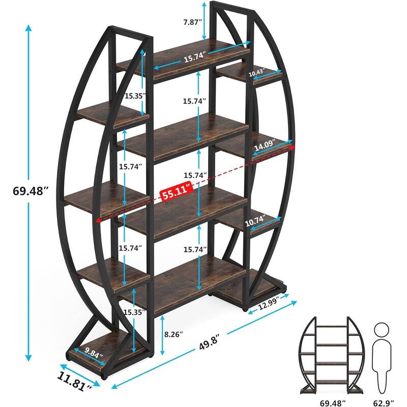 Industrial Bookshelf, Oval Triple Wide 5 Tiers Etagere Bookcase - 11.81"D x 55.11"W x 69.68"H